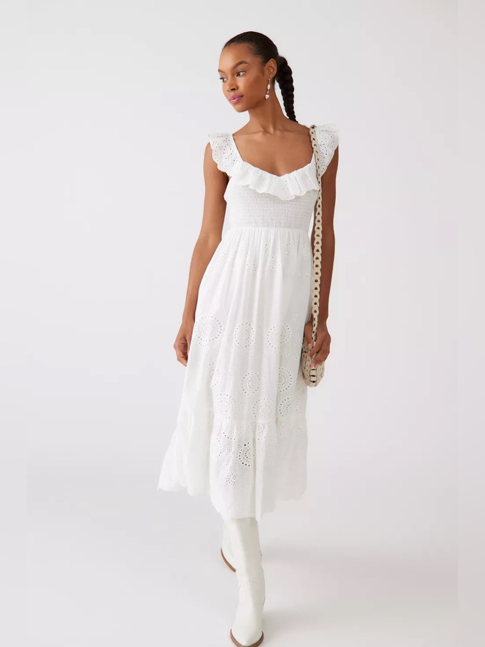 ASTR The Label White Eyelet Backless Smocked Midi Dress Sz L